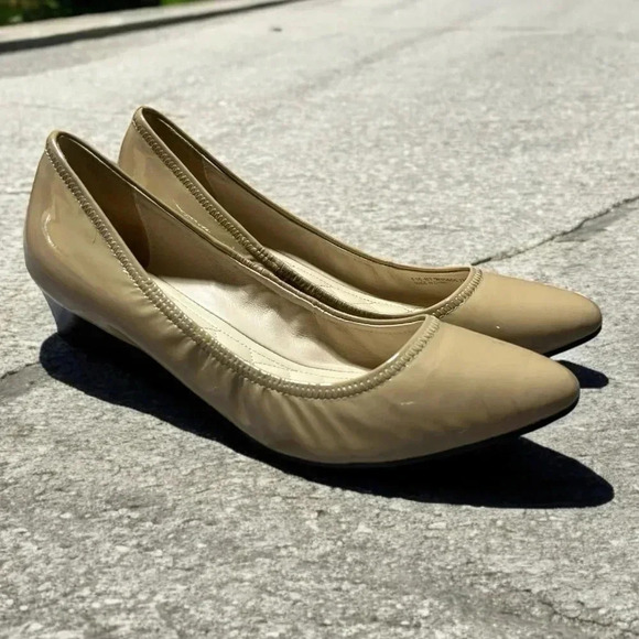 Cole Haan Shoes - Cole Haan‎ Patent Leather Wedge 7.5 Heels Tan Naked Dressing Nude Neutral Office